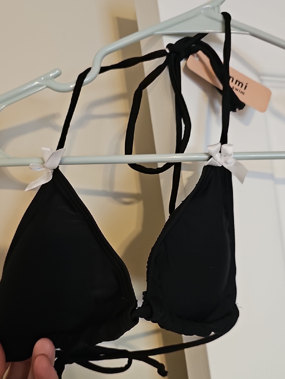 Black Triangle Bikini Top with White Bow Accents
